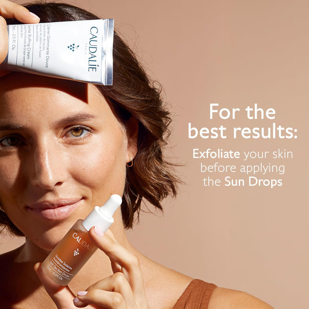 Caudalie before and after gradual tan showing natural-looking color