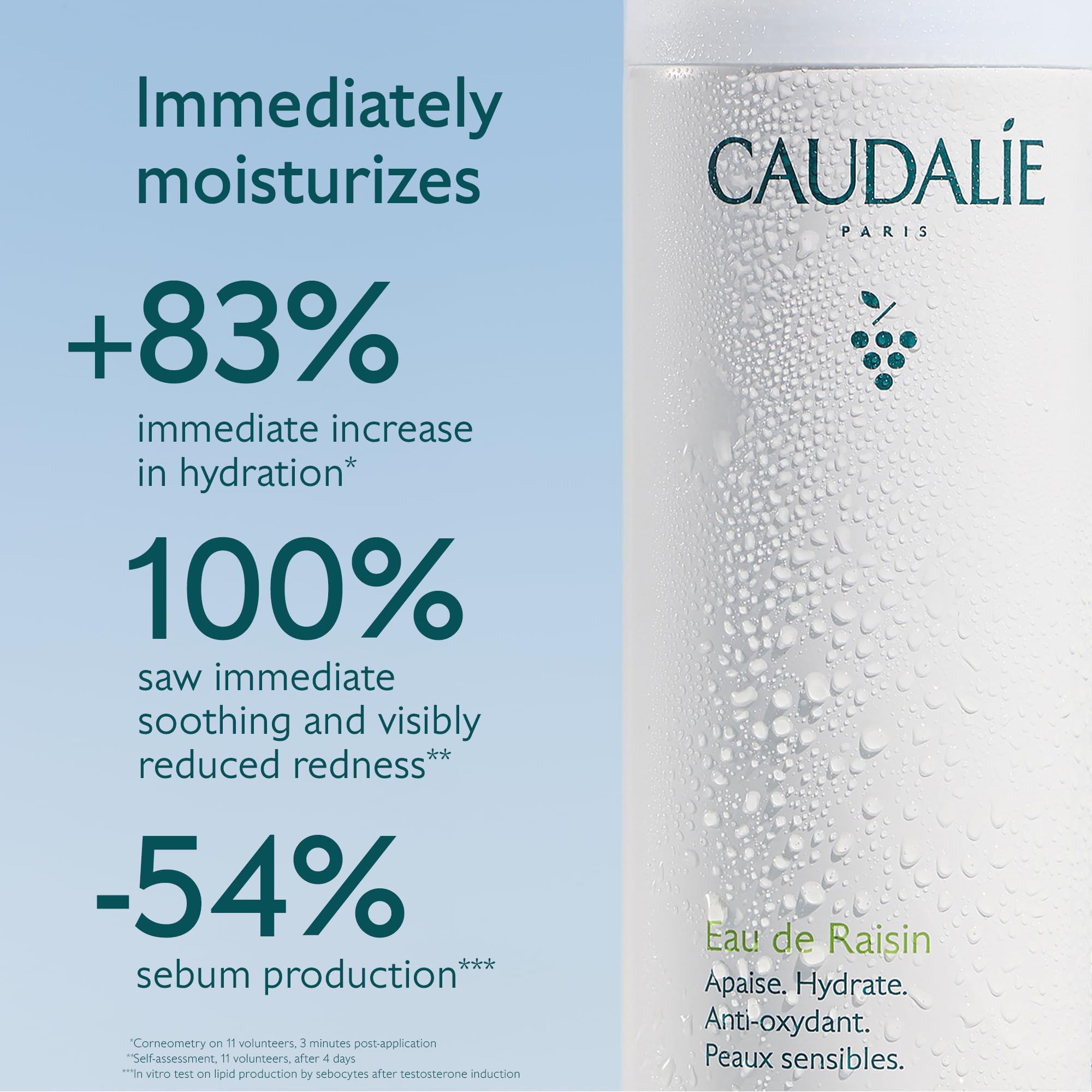 Caudalie label detail highlighting grape water origin and gentle formula
