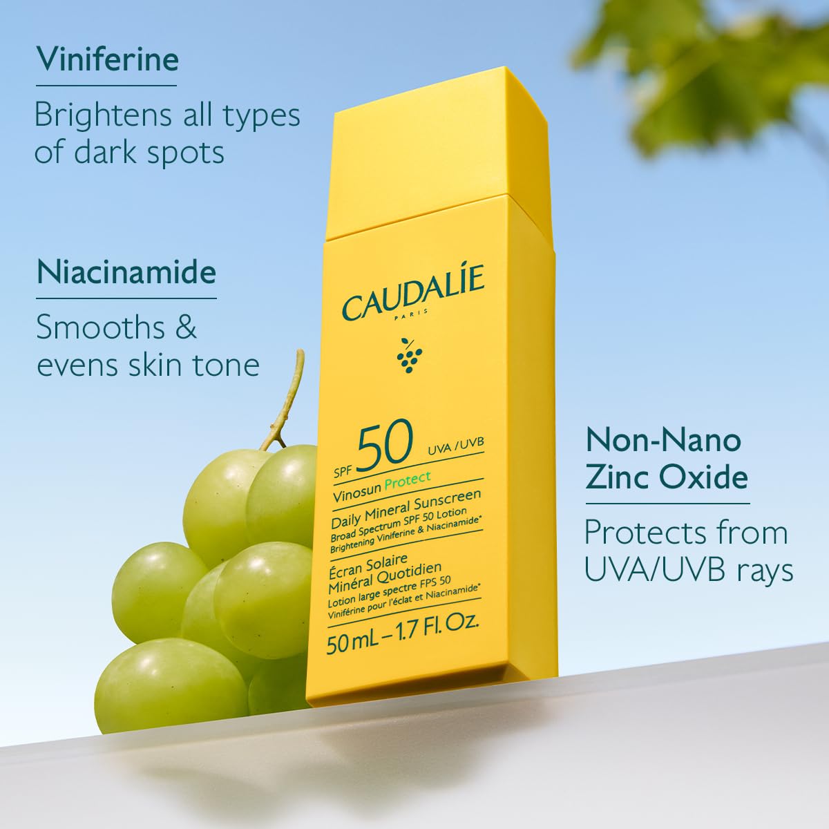 Caudalie duo flatlay of serum and SPF showing complete brightening and protection routine