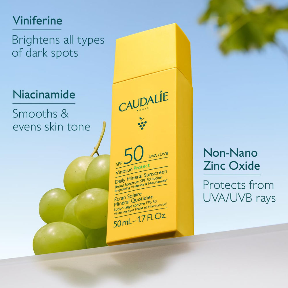 Caudalie duo flatlay of serum and SPF showing complete brightening and protection routine