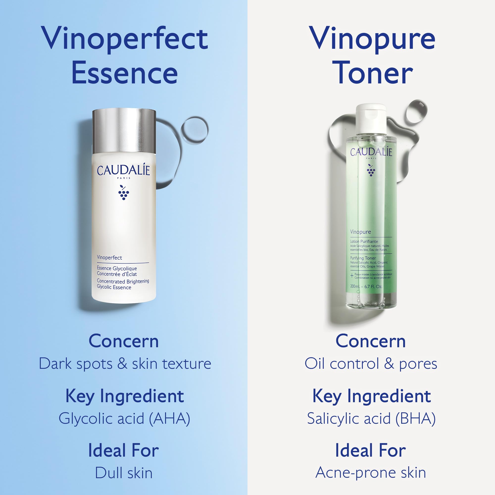 Caudalie essence splashed on mirror suggesting refreshing feel and immediate smoothness
