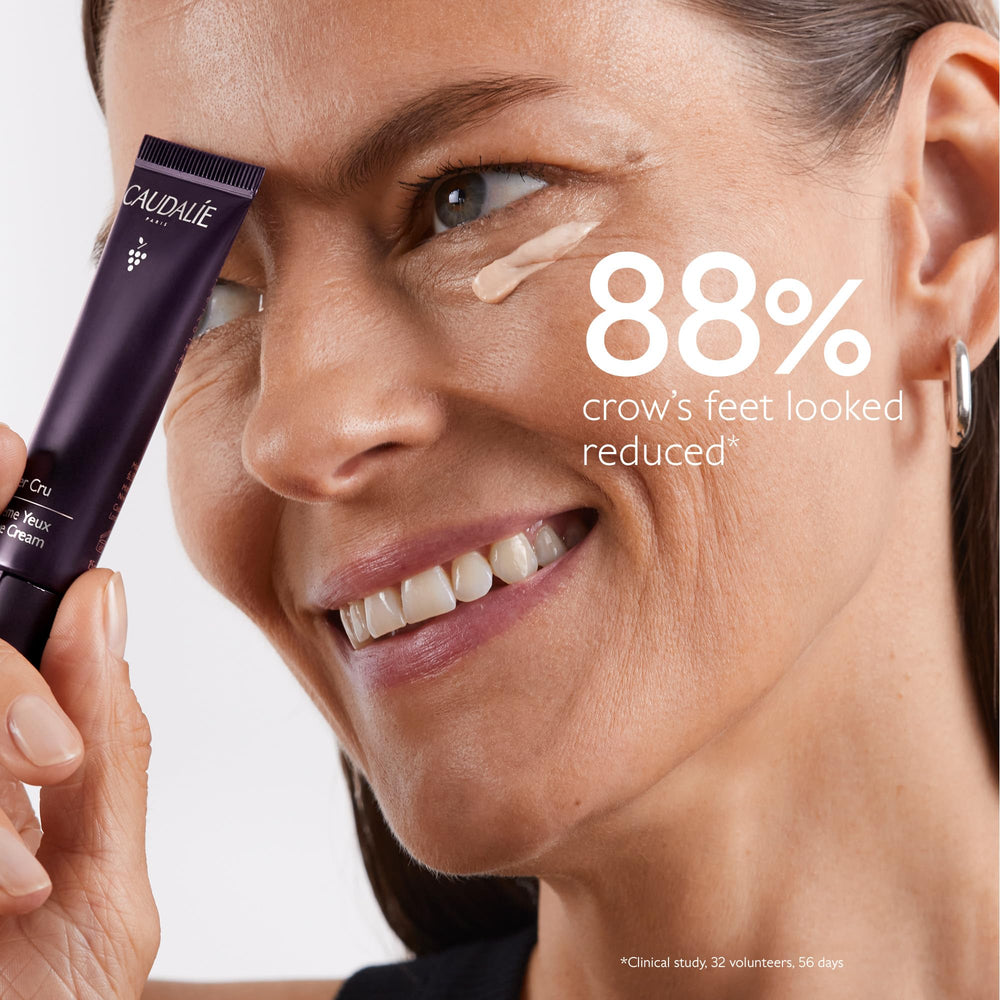 Caudalie eye cream in hand showing 15 mL scale and travel-friendly size