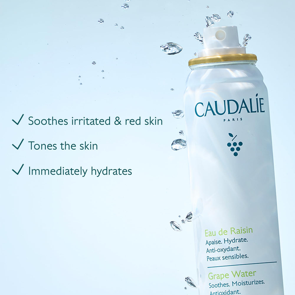 Caudalie close-up of fine mist texture providing instant hydration
