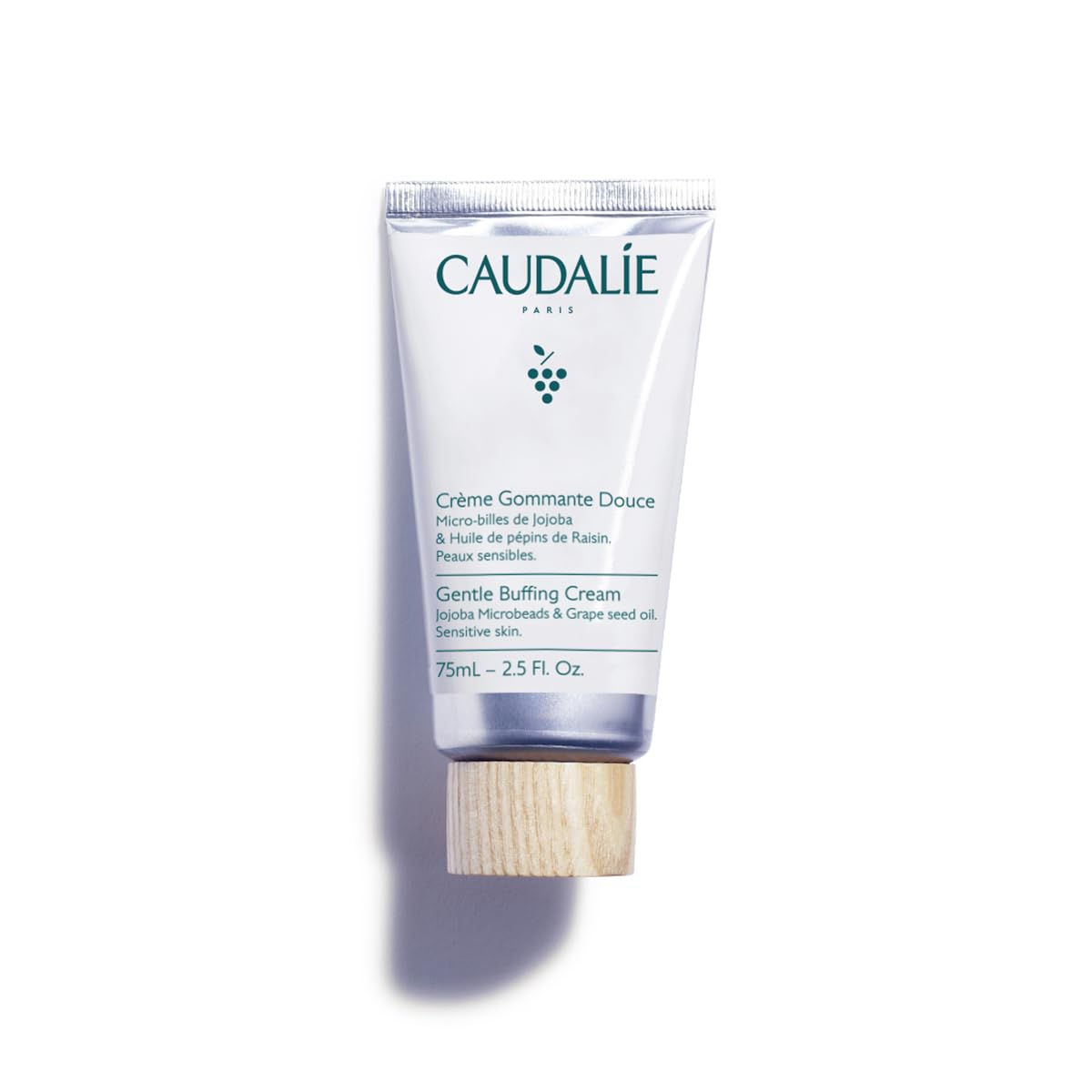 Caudalie front tube showing Vinoclean gentle exfoliating cream benefits