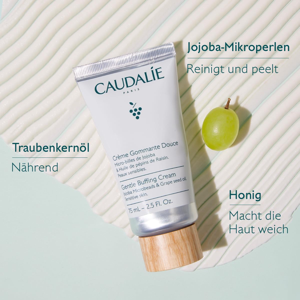 Caudalie application demo showing buffing cream smoothing skin for radiance