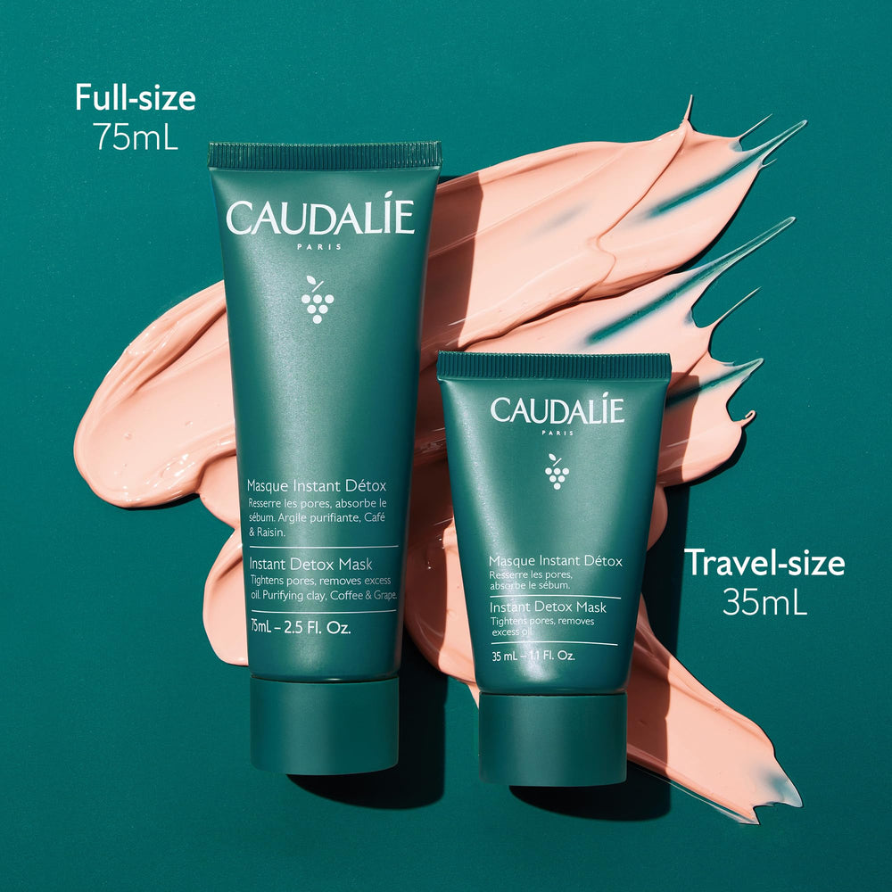 Caudalie before-and-after split face showing reduced pore visibility