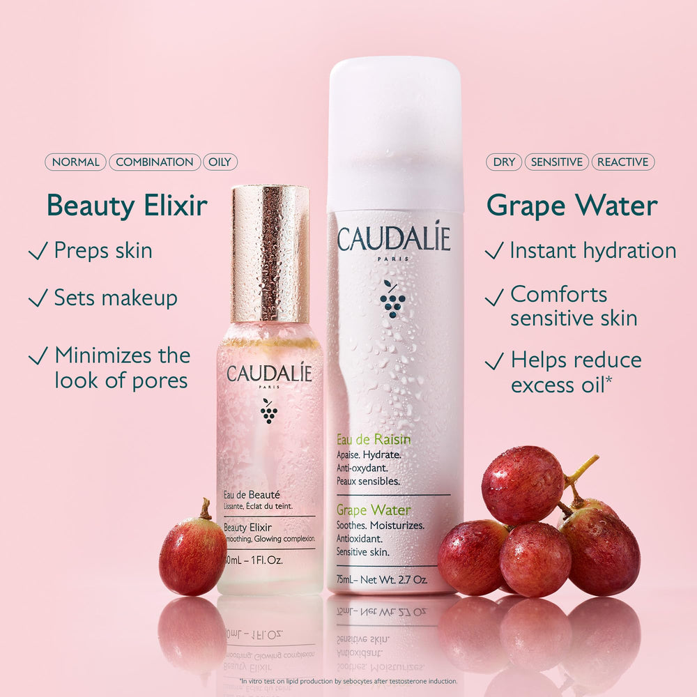 Caudalie mist on forehead post-workout to refresh and reduce redness