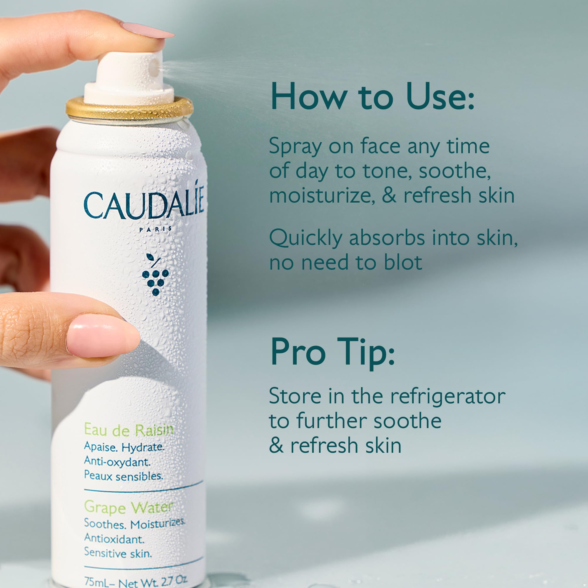 Caudalie 200 mL bottle in hand showing true size and travel-friendly benefit