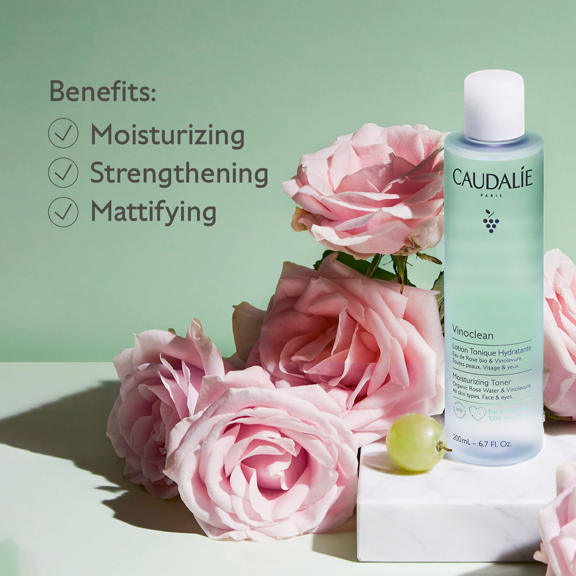Caudalie Vinoclean rose water close-up highlighting gentle texture and soothing effect