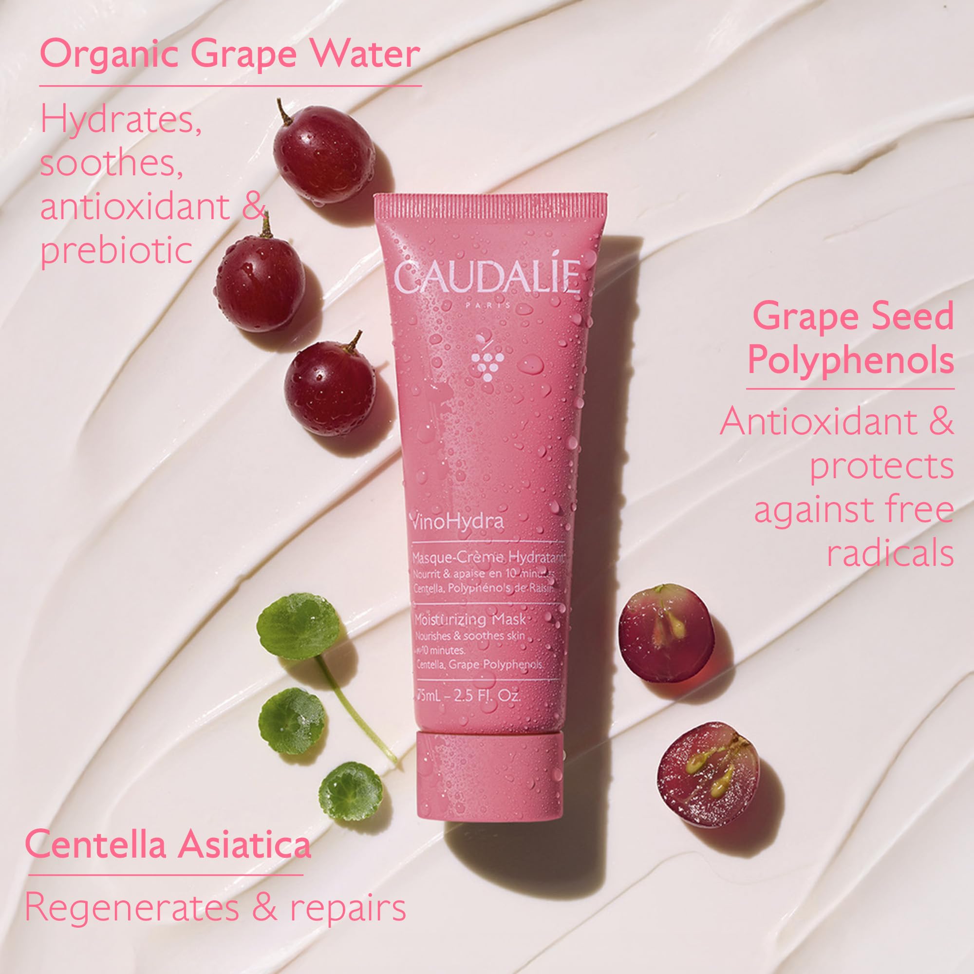 Applying Caudalie VinoHydra mask on face to show ease of use and calming effect