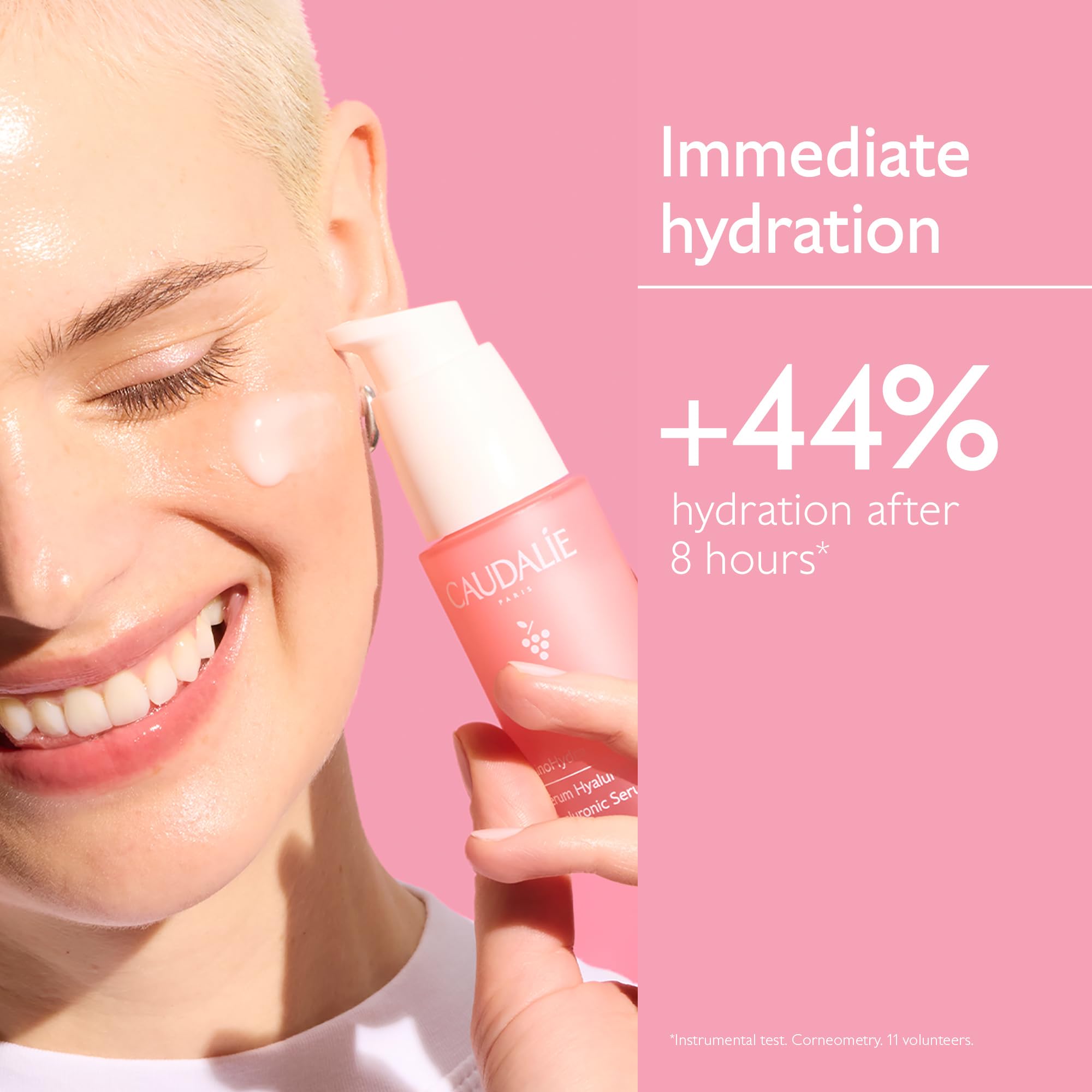 Caudalie applied to face demonstrating quick absorption and plumping