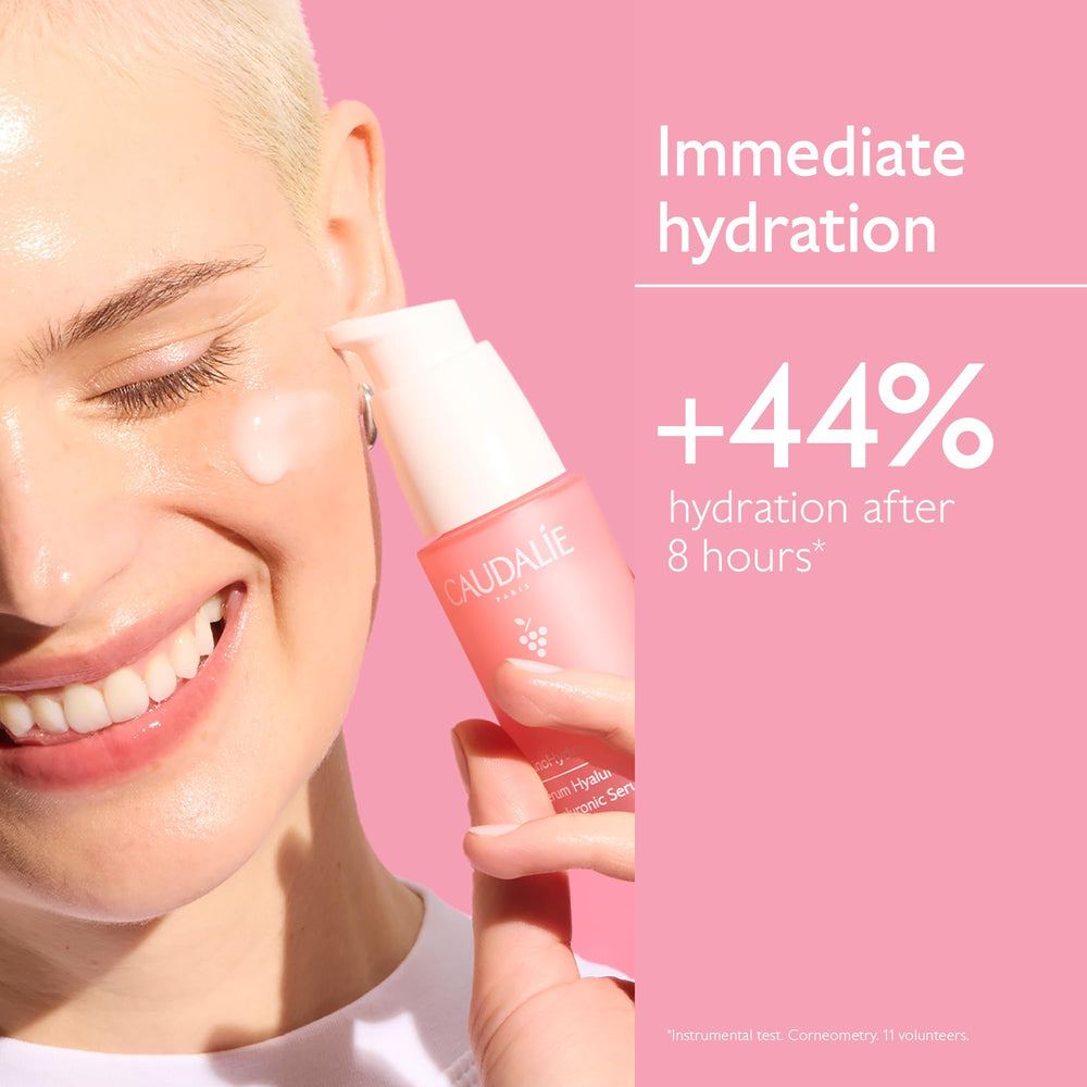 Caudalie applied to face demonstrating quick absorption and plumping