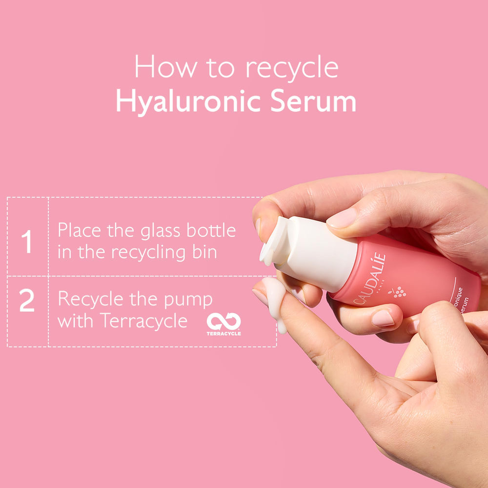 Caudalie label close-up listing hyaluronic acid and grape water benefits