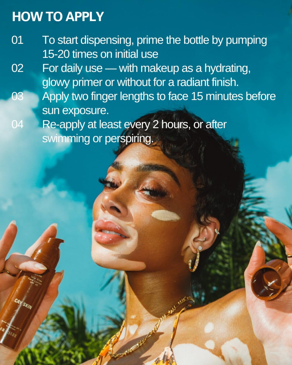 Cay Skin in bathroom routine illustrating daily protection and glow