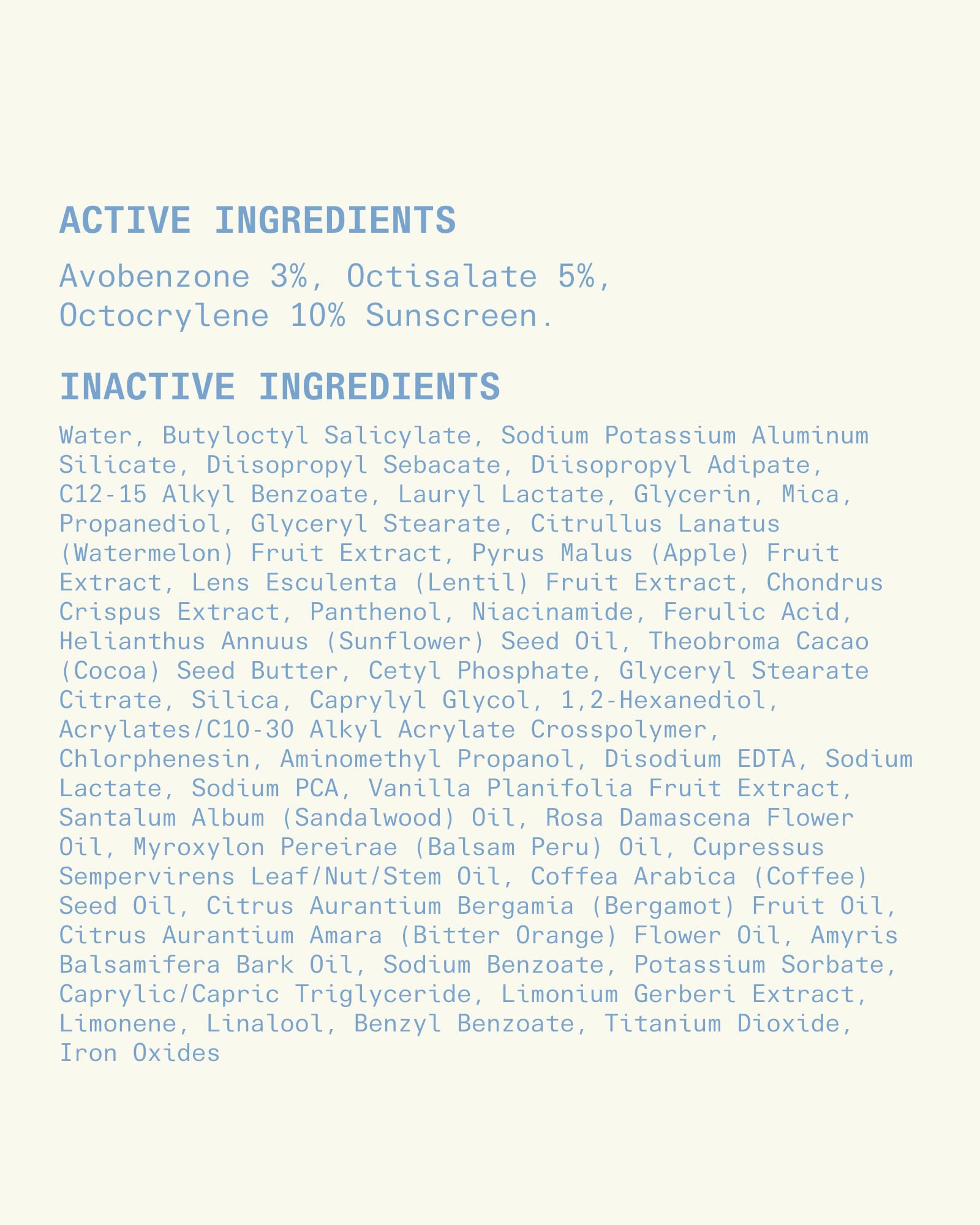 Cay Skin ingredients label close-up showing active antioxidant benefits