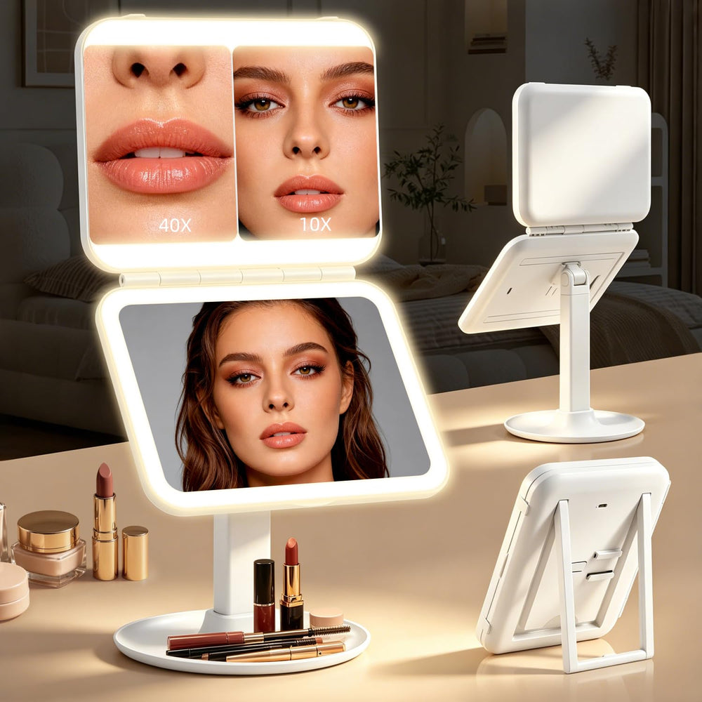 CC Mirrors front view of large lighted vanity mirror showing bright LEDs and trifold design for accurate makeup