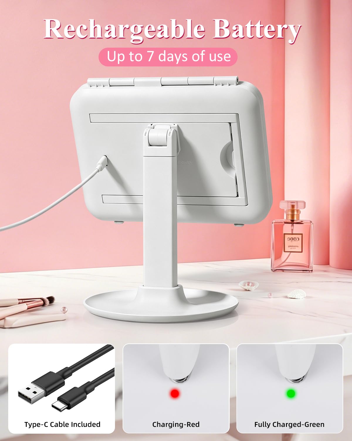 CC Mirrors adjustable stand fully extended and rotated showing ergonomic angles for comfortable grooming
