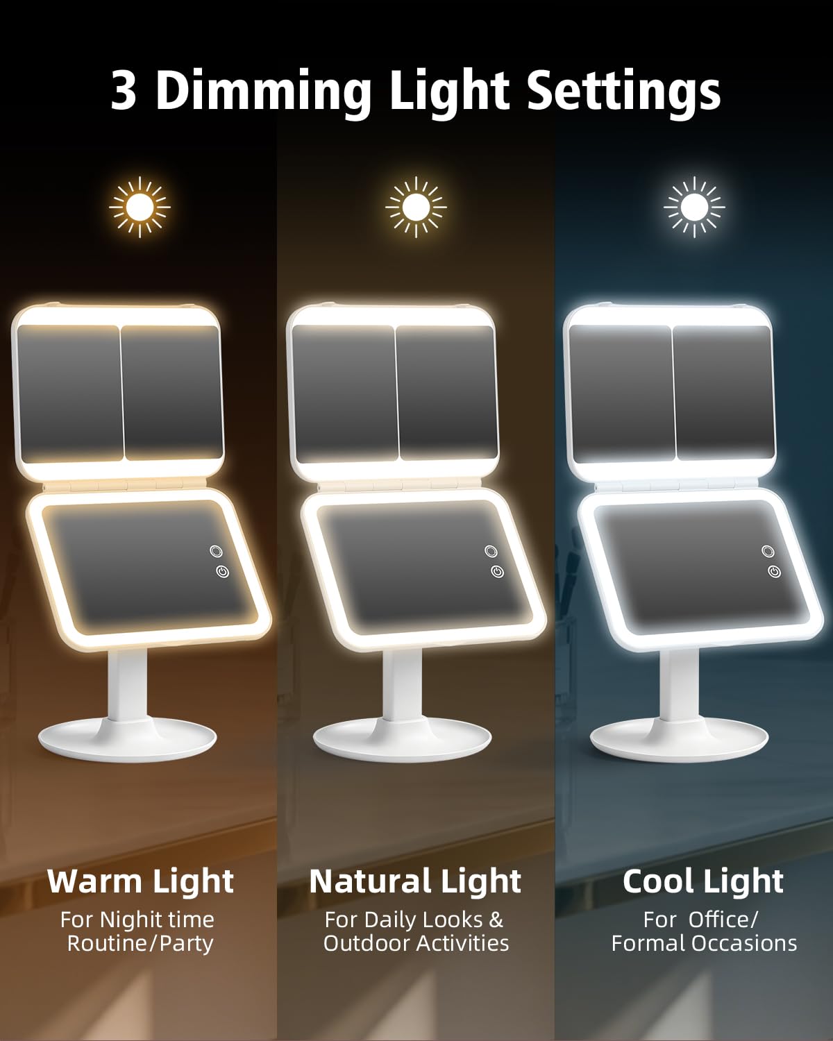 CC Mirrors three-color lighting modes on display demonstrating warm, natural, and cool options for versatile looks