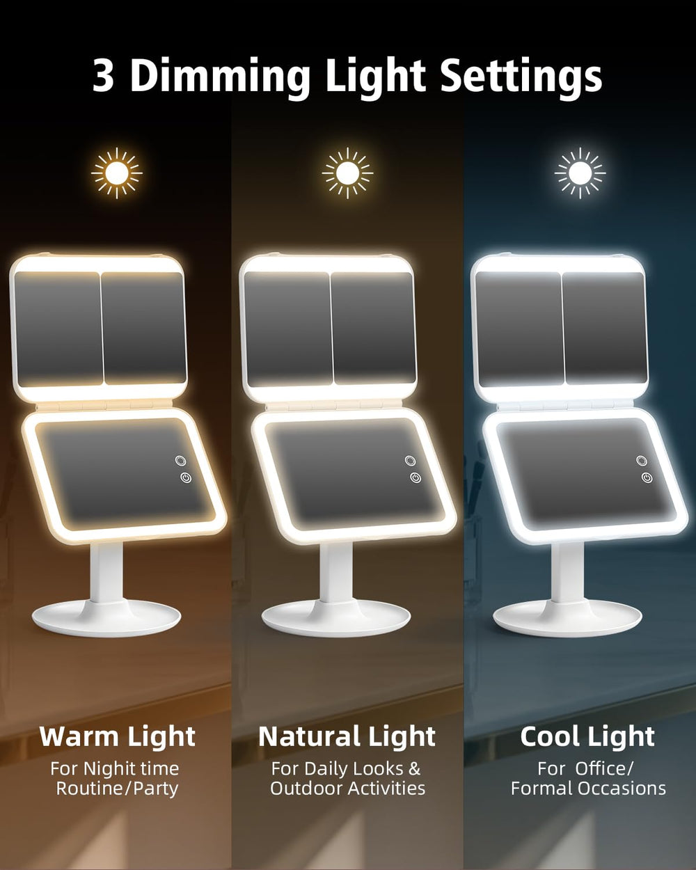 CC Mirrors three-color lighting modes on display demonstrating warm, natural, and cool options for versatile looks