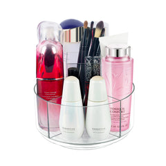 CECOLIC front view of clear rotating organizer shows tidy cosmetics