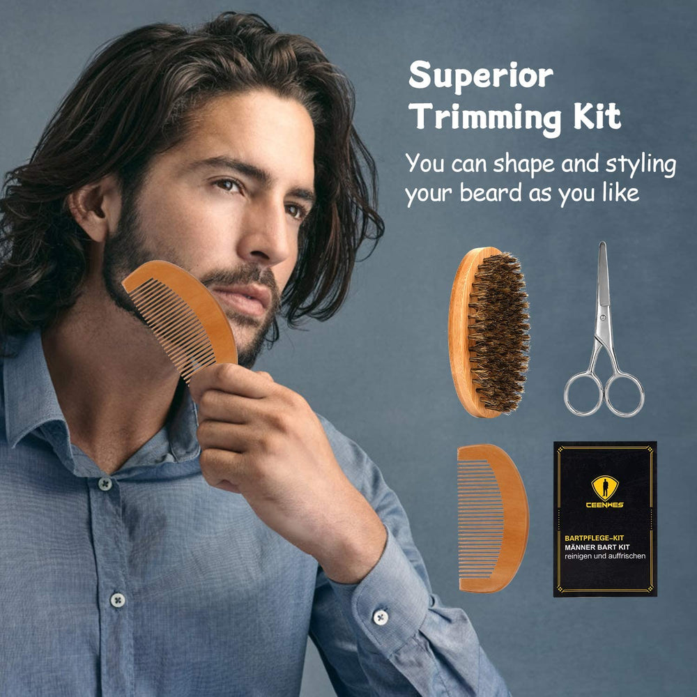 Ceenwes boar-style brush in use smoothing beard for better manageability