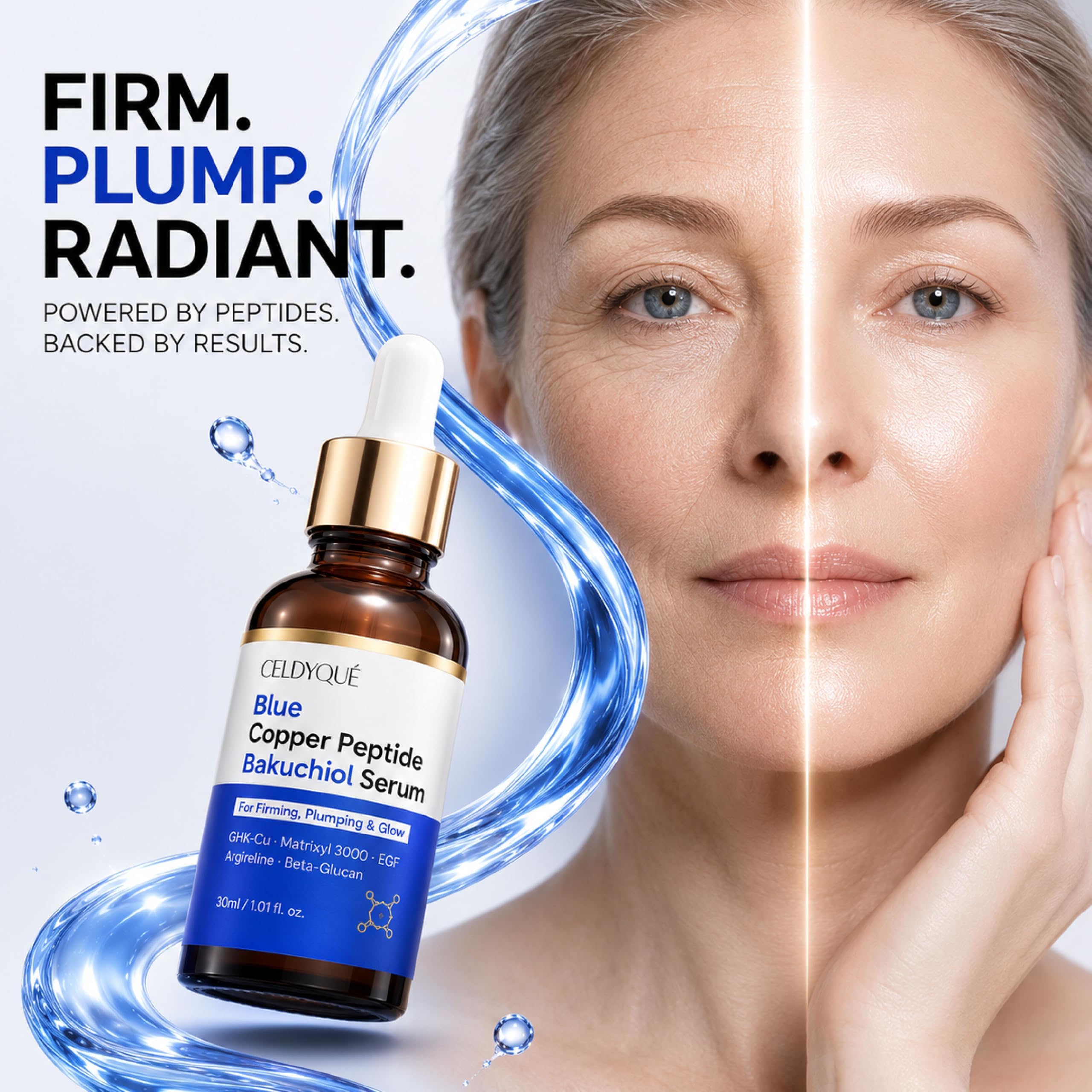 CELDYQUE ingredient label highlighting peptides and bakuchiol benefit ingredient transparency