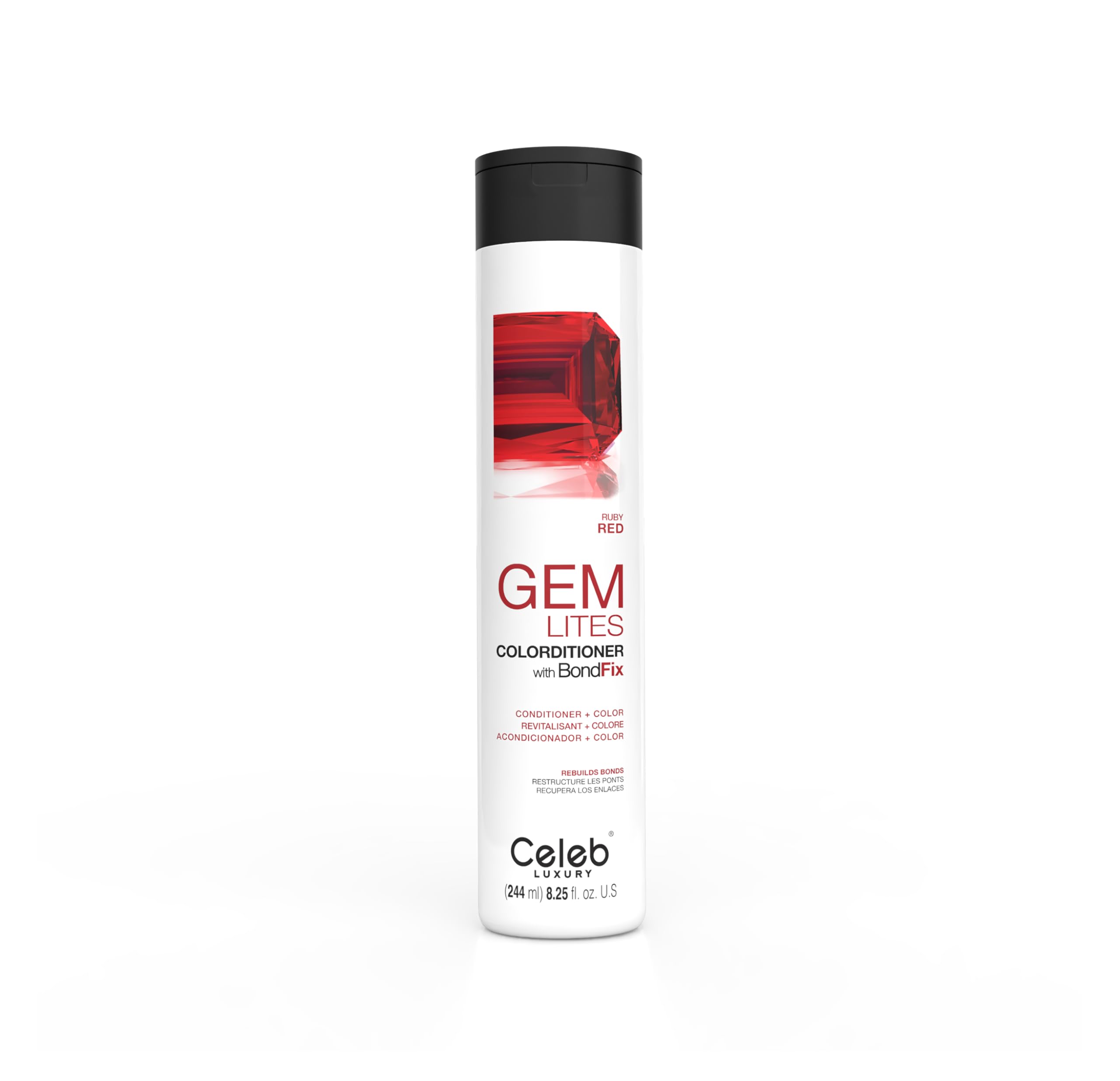 Celeb Luxury front packaging showing ruby red colorditioner and benefits