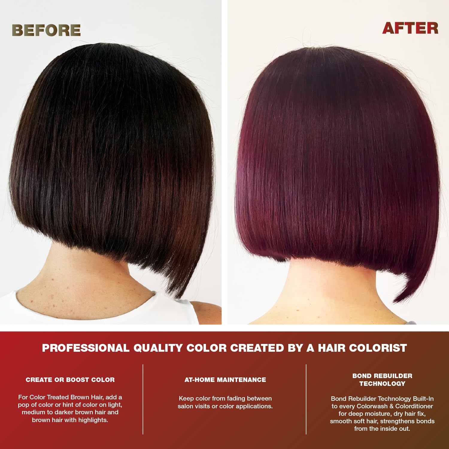 Celeb Luxury before and after on brunette hair showing enhanced red tone