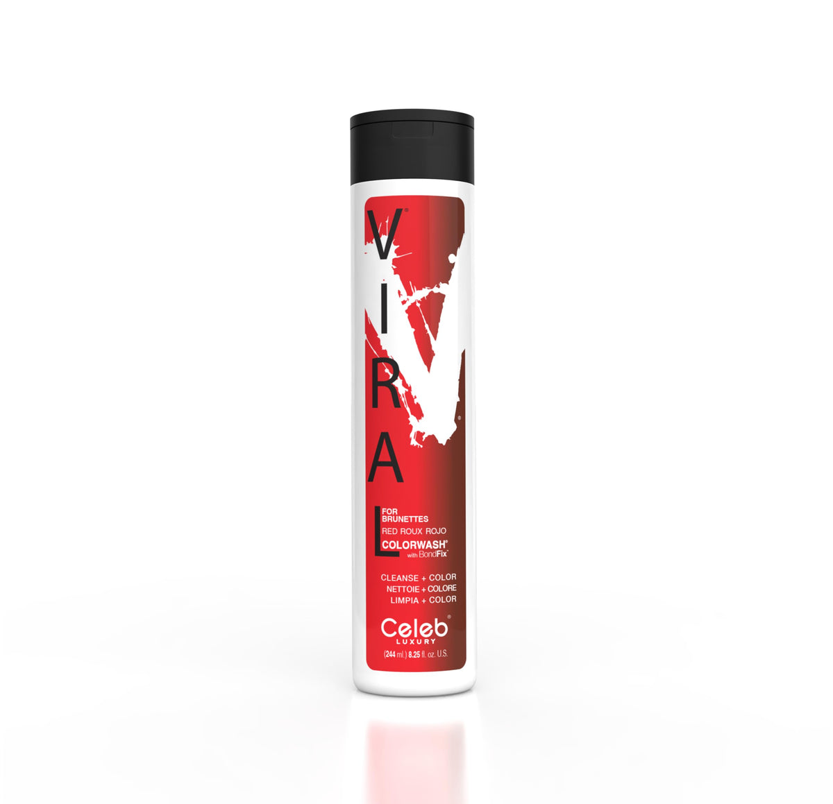 Celeb Luxury front packaging showing red colorwash bottle and clean-beauty benefits
