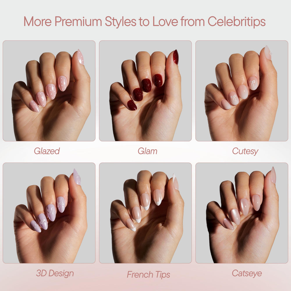 Celebritips Amber Muse adhesive options display showing glue and sticky tabs included
