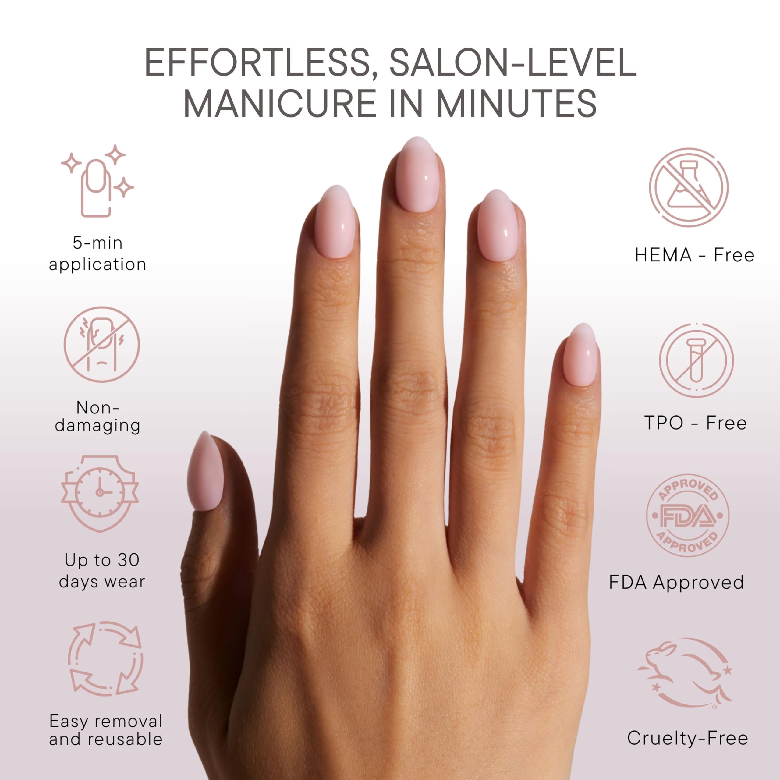 Celebritips extra short almond nails laid flat showing natural Bare Milk finish