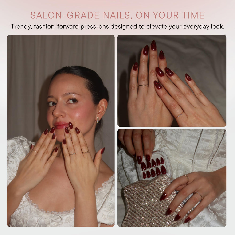 Celebritips nails held in hand showing scale and inclusive 16-size range for fit