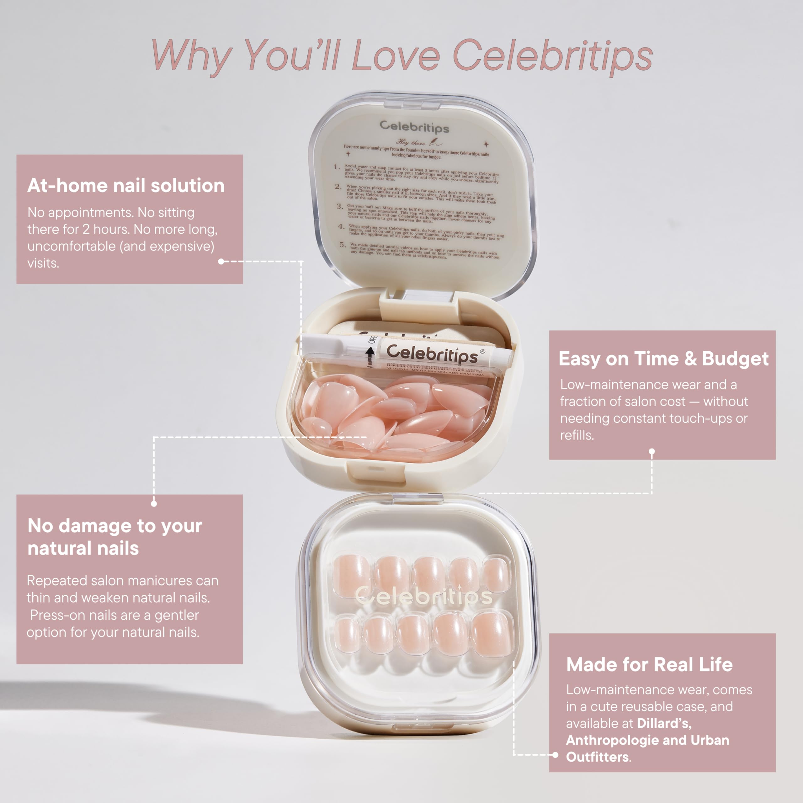 Celebritips application scene with adhesive tab and glue for easy at-home use