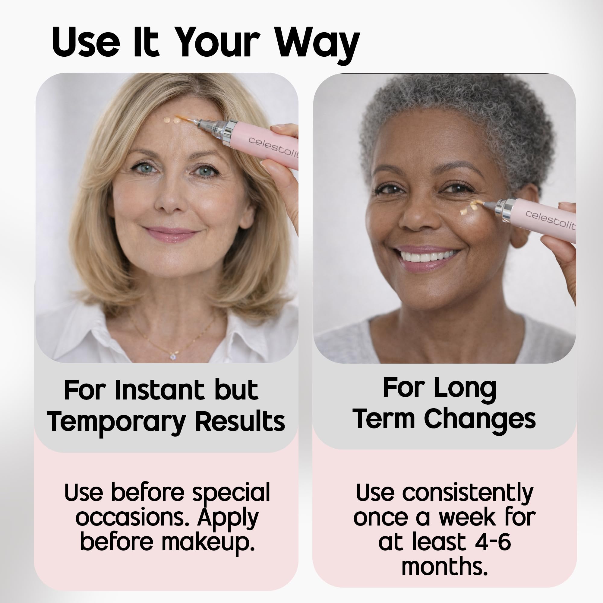 Applying Celestolite under-eye to reduce puffiness and smooth lines