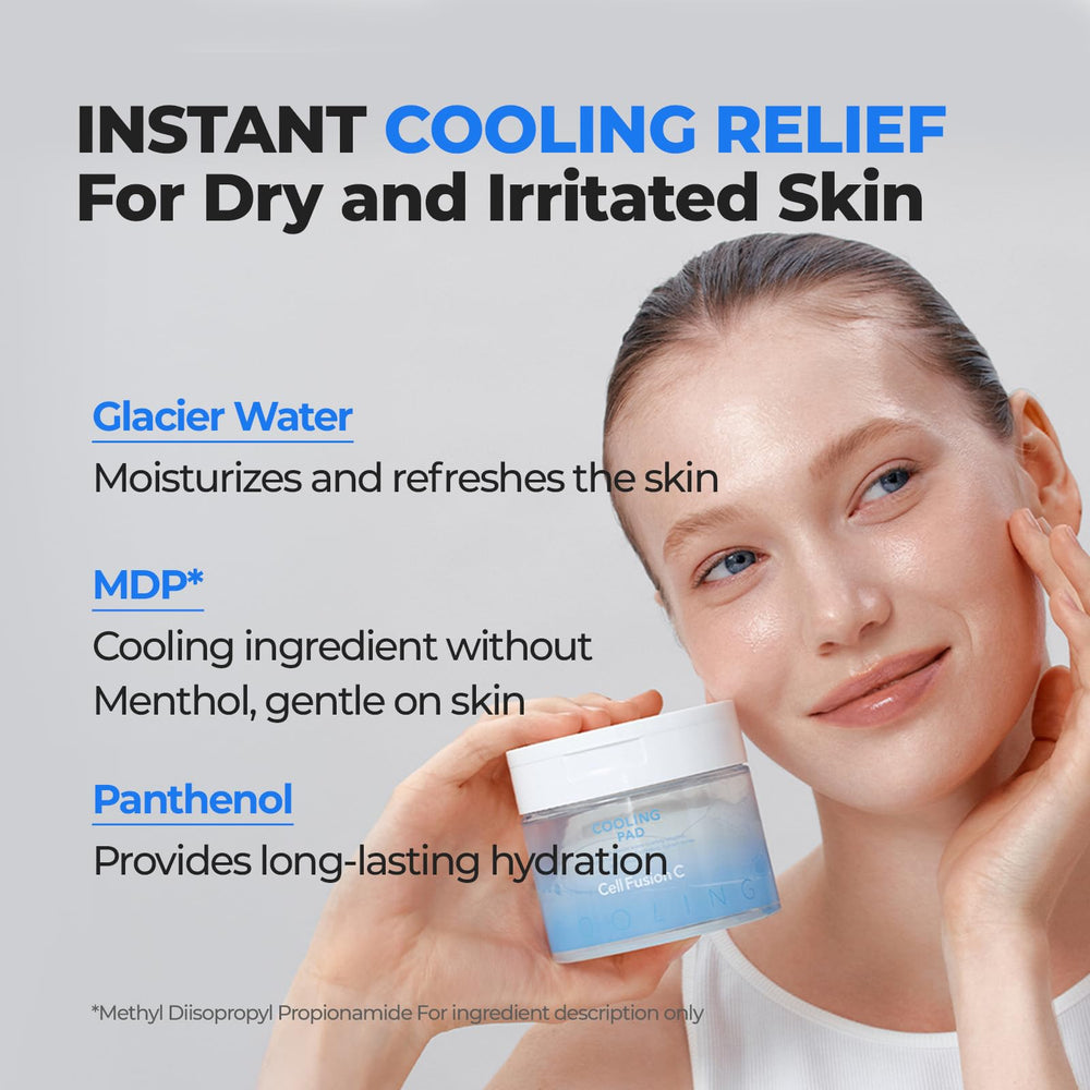 Cell Fusion C pad applied as mini sheet-mask on cheek, demonstrates targeted cooling effect