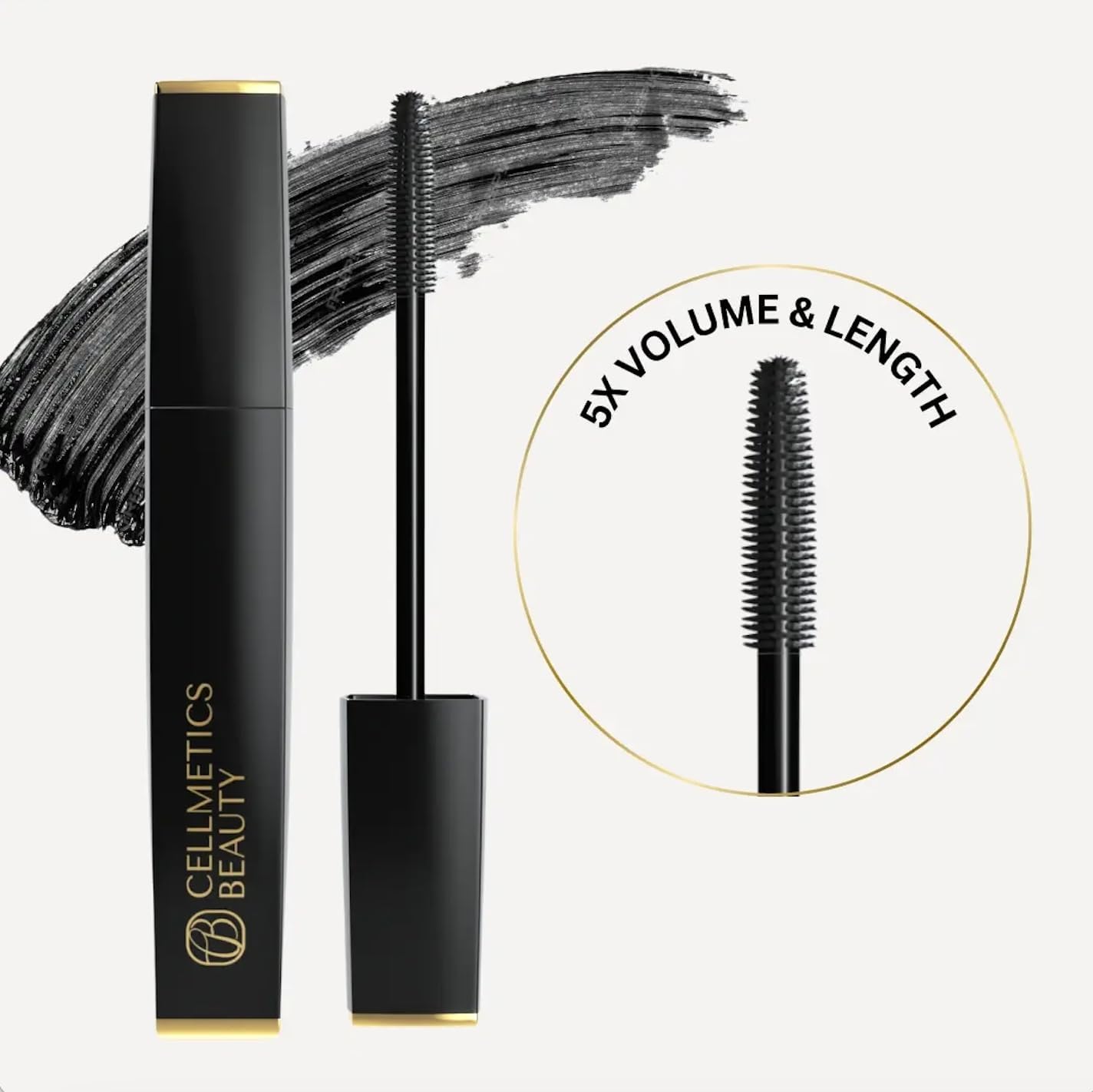 Cellmetics mascara before and after lashes showing visible lift and fuller-looking benefit