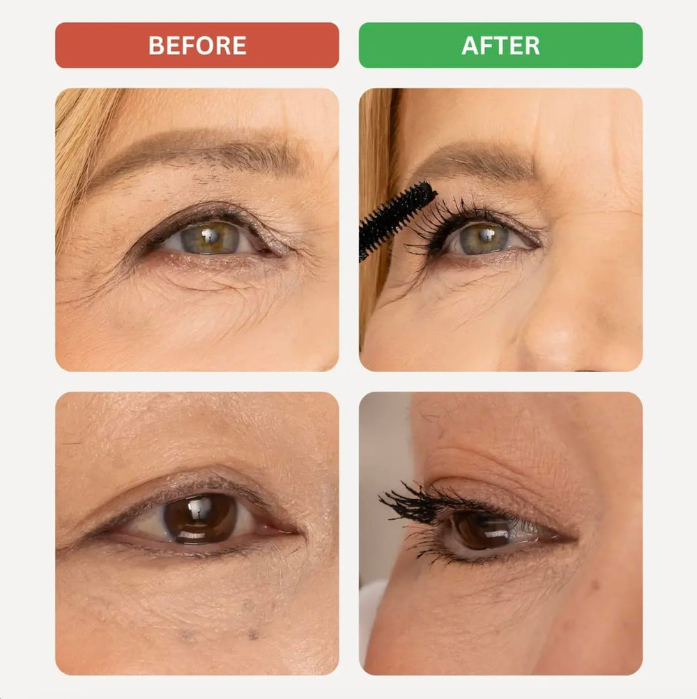 Cellmetics before and after lashes showing fuller, lengthened lash benefit