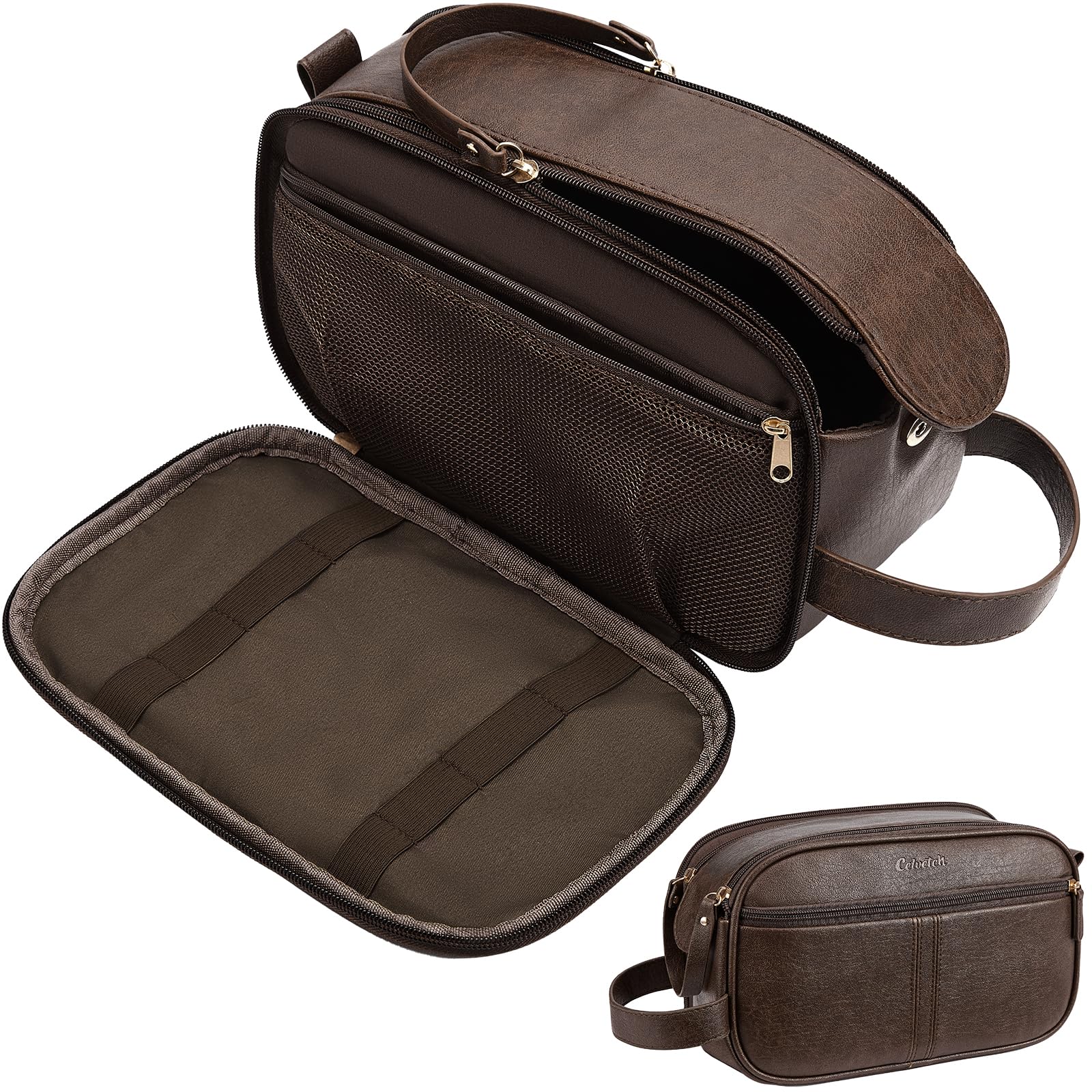 Celvetch dark brown front view showing sleek PU leather and zipper, professional look