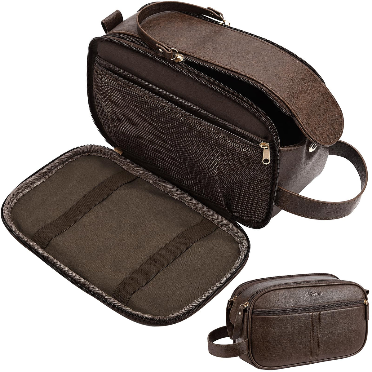 Celvetch dark brown front view showing sleek PU leather and zipper, professional look