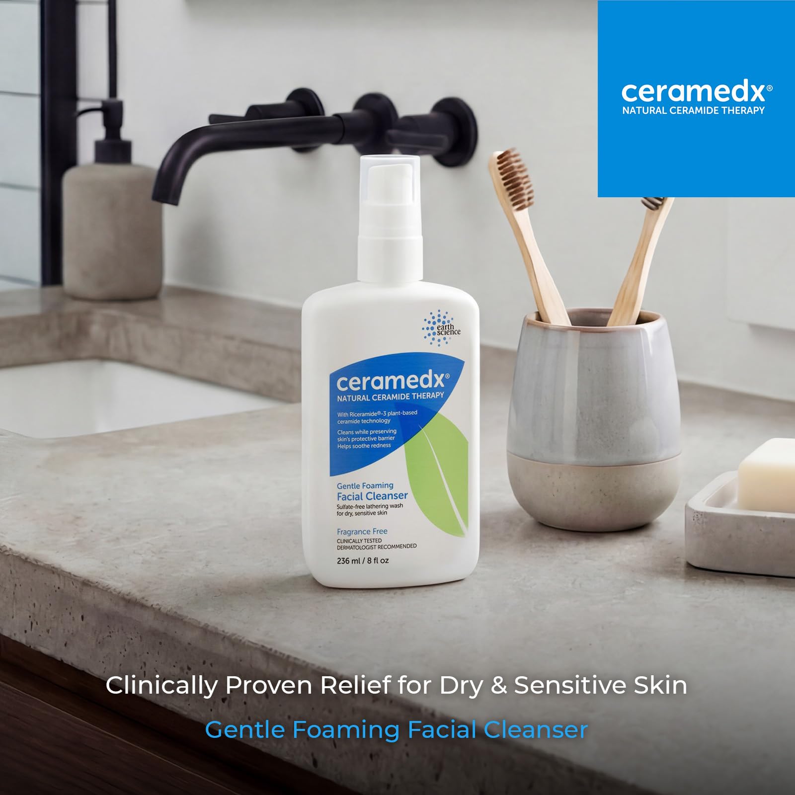 Ceramedx pump dispensing gentle foam texture for comfortable cleansing