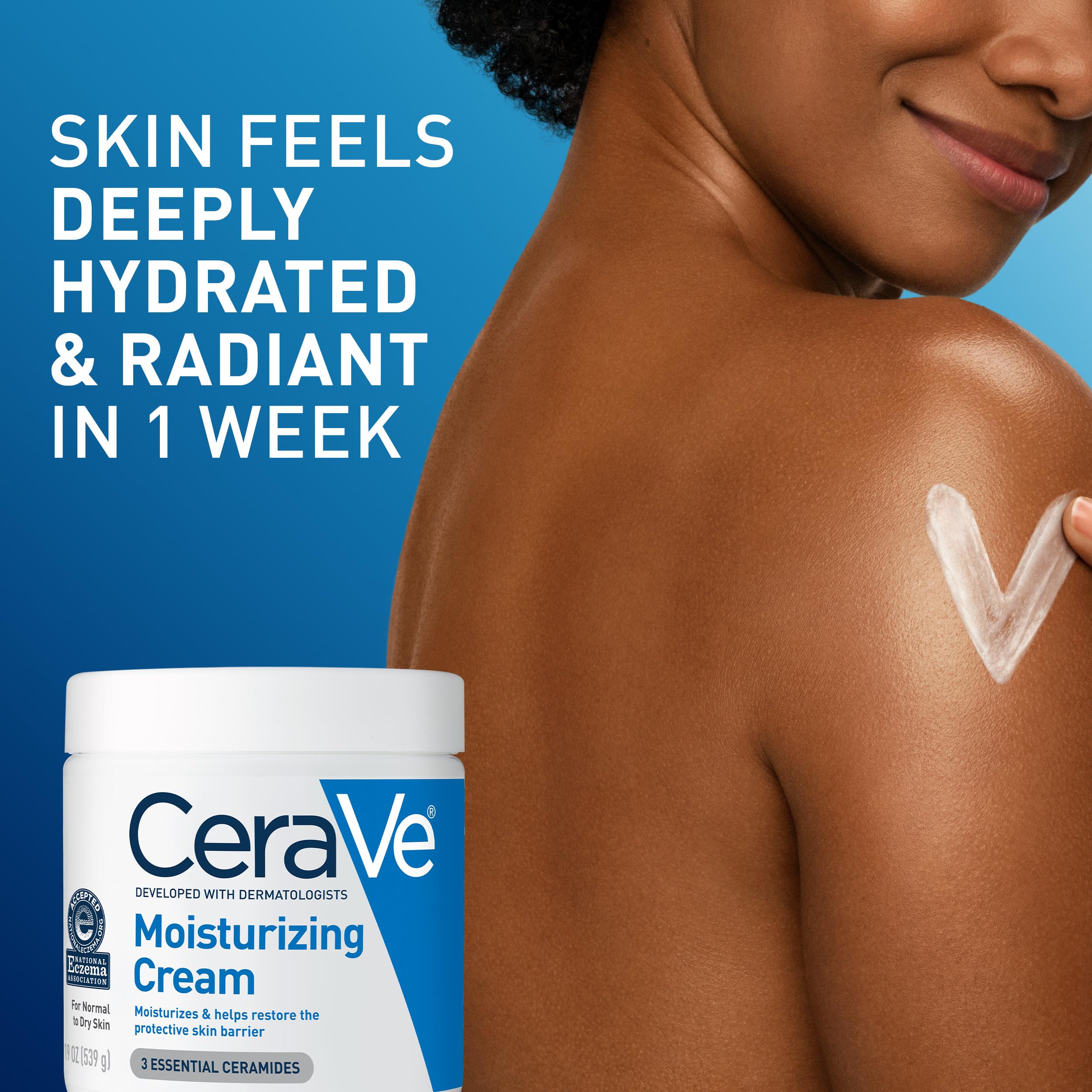 Spread of CeraVe cream on skin showing velvety texture and non-greasy finish