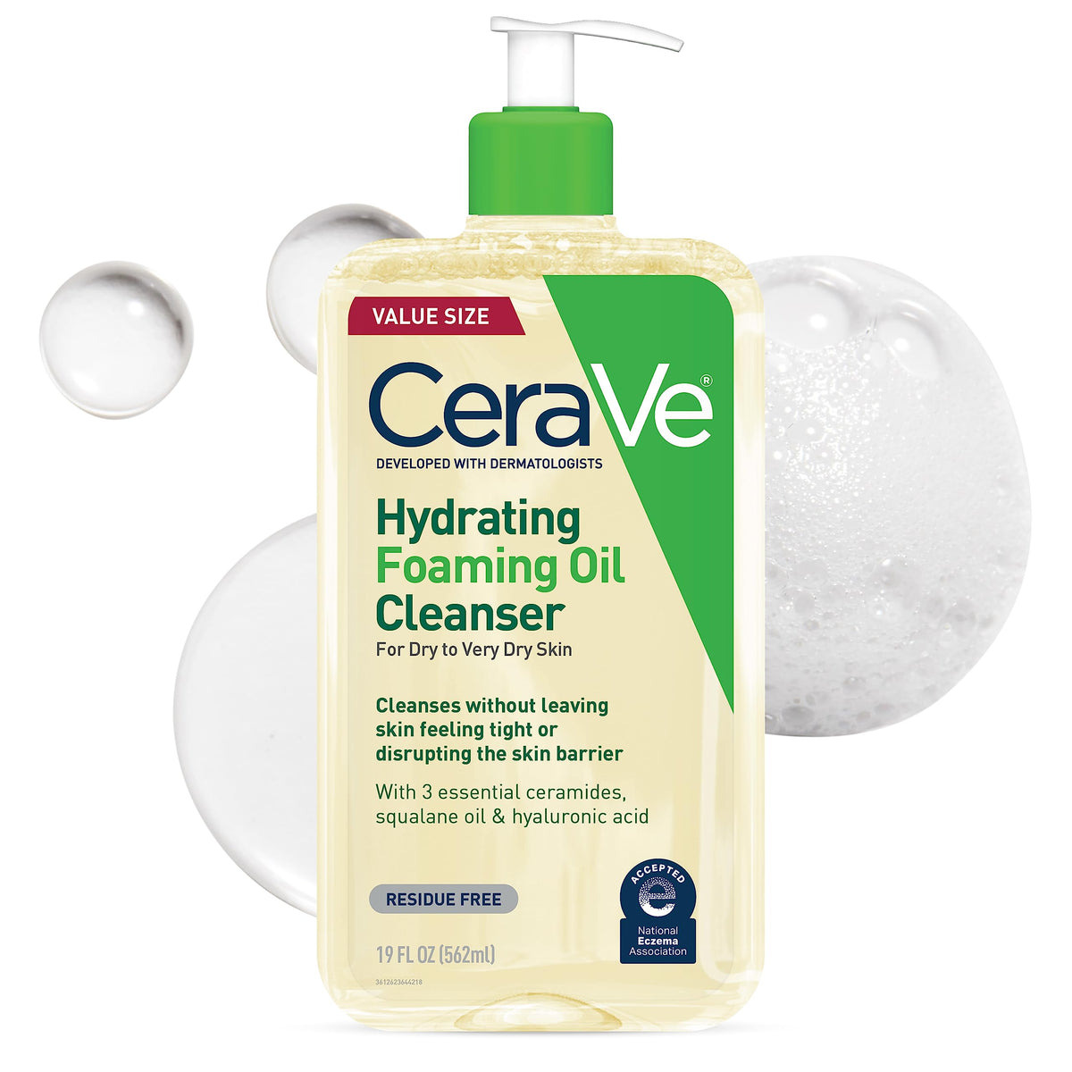 CeraVe hydrating foaming oil cleanser front view showing 19oz bottle and label benefits