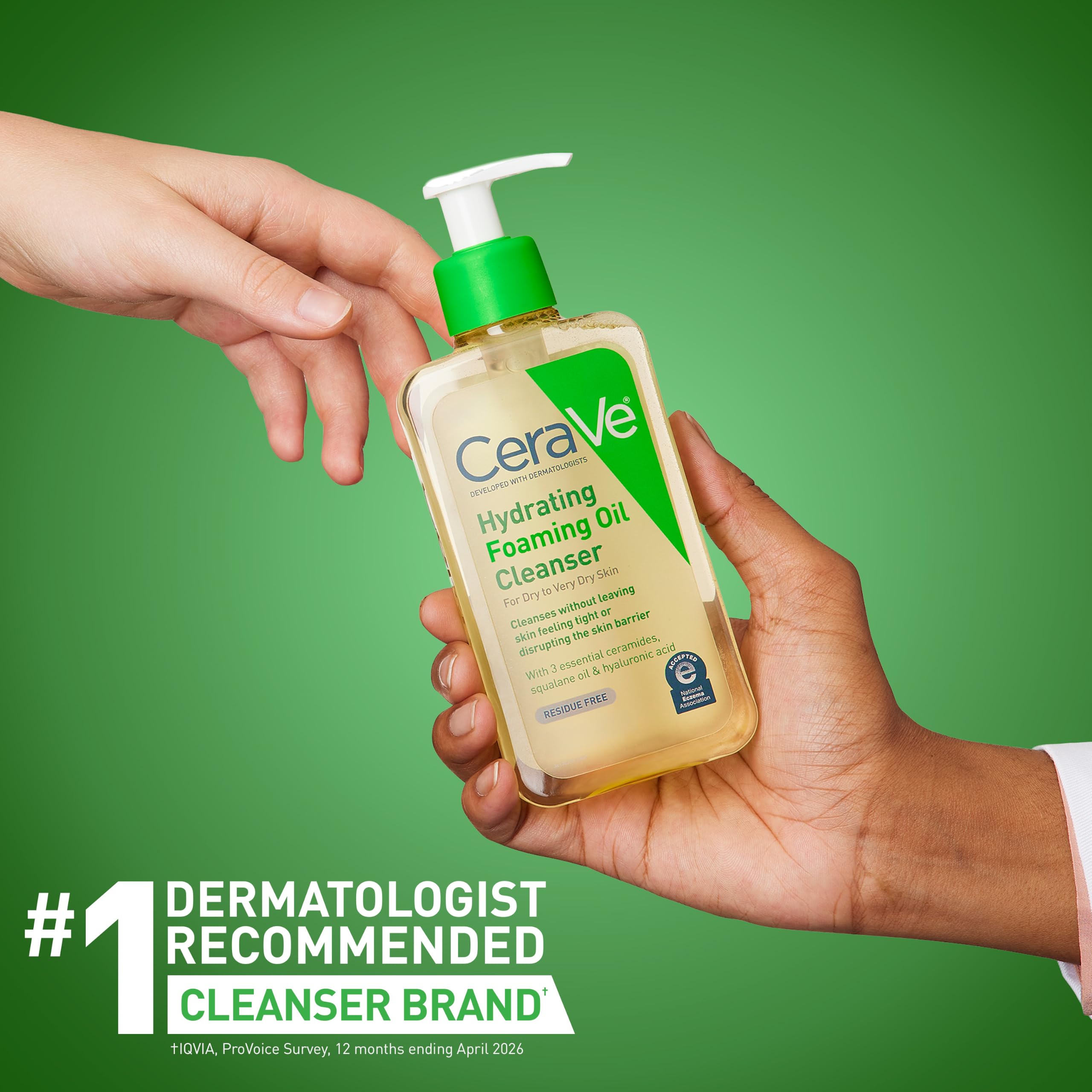 CeraVe cleanser transforming from oil to foam on wet hand demonstrating gentle cleansing