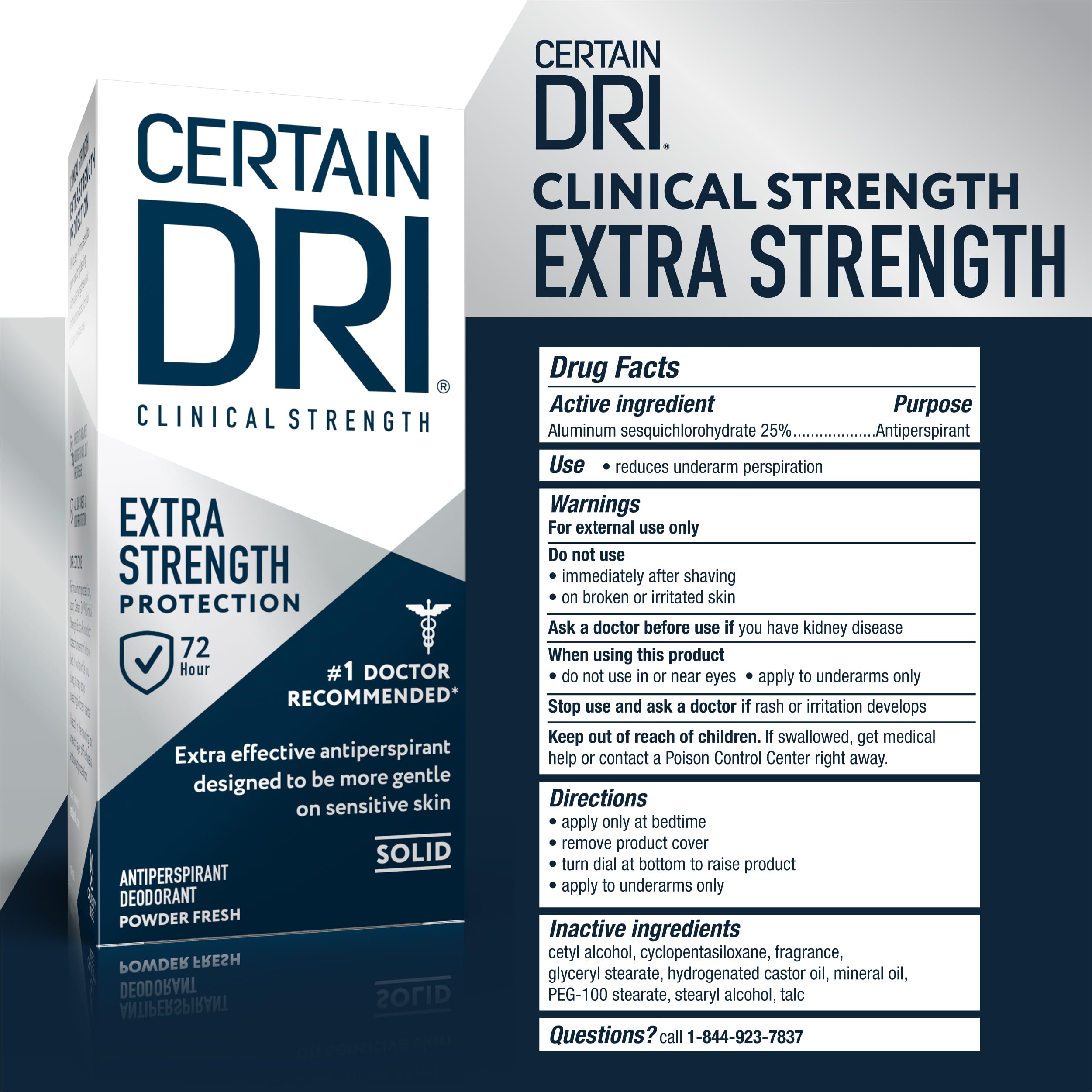 Back label of Certain Dri showing ingredients and usage directions for clarity