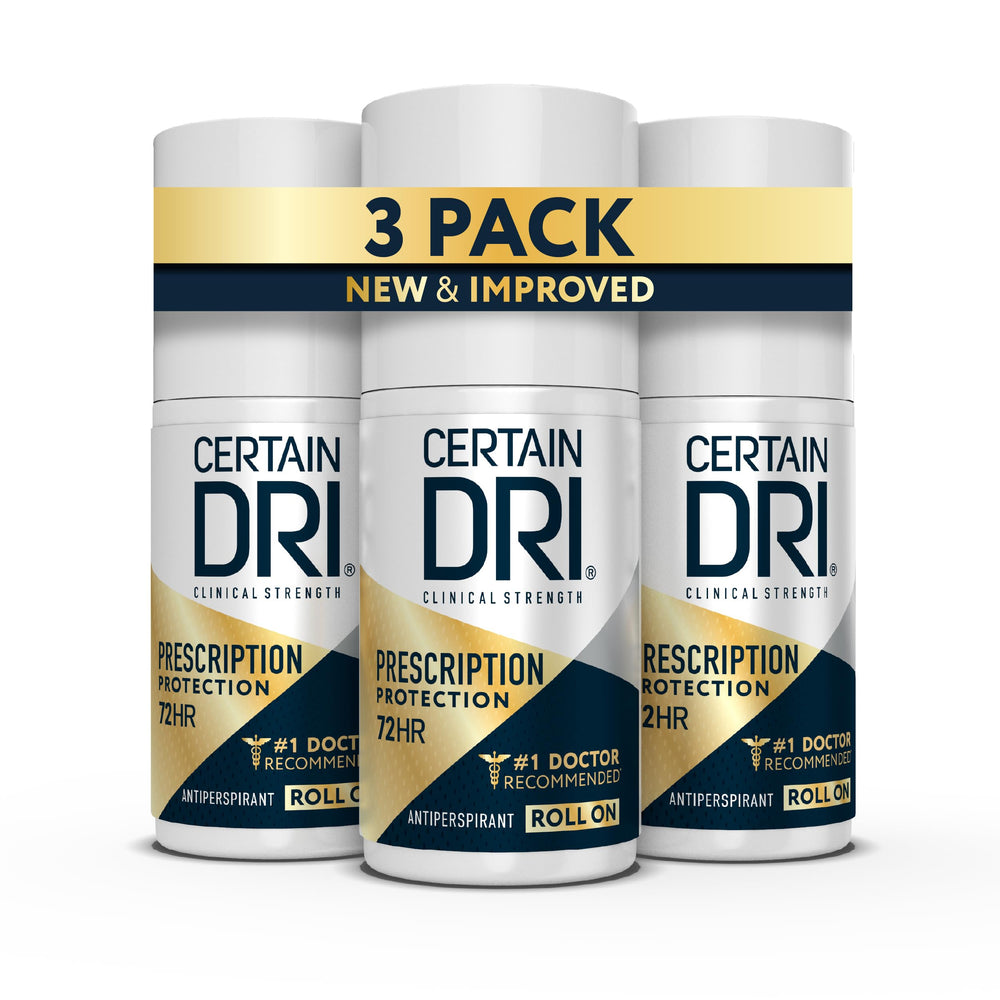 Certain Dri front packaging three-pack showing long-lasting protection