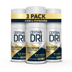 Certain Dri front packaging three-pack showing long-lasting protection