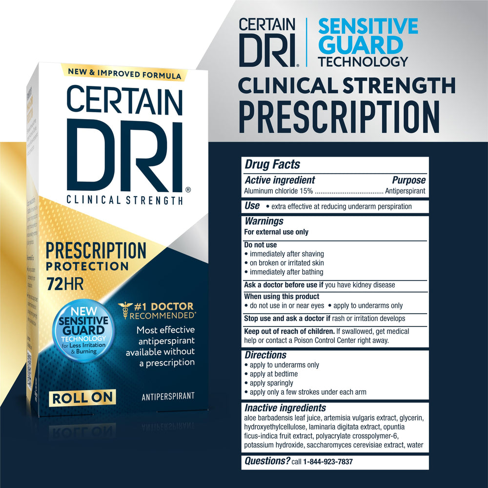 Certain Dri label showing 15% aluminum chloride active ingredient benefit