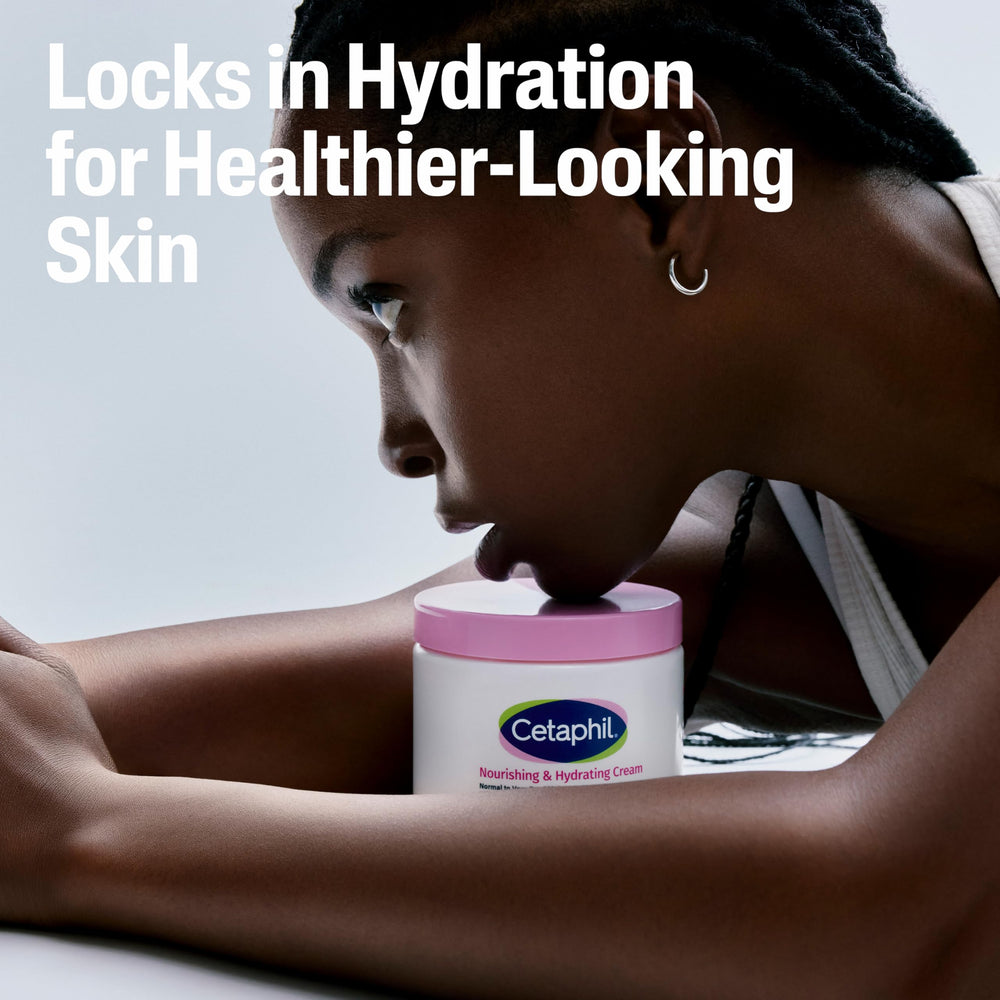 Open Cetaphil jar with oil drop showing nourishing formulation