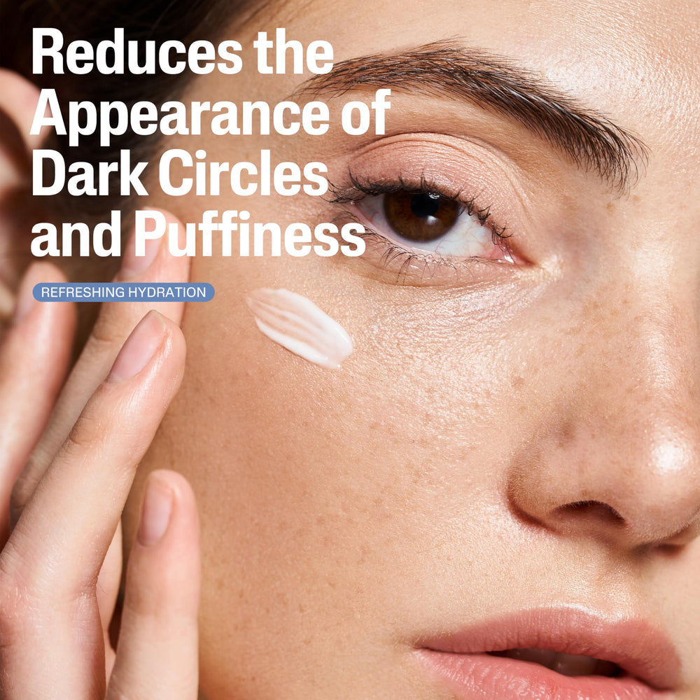 Woman applying Cetaphil eye serum under-eye with applicator for reduced puffiness