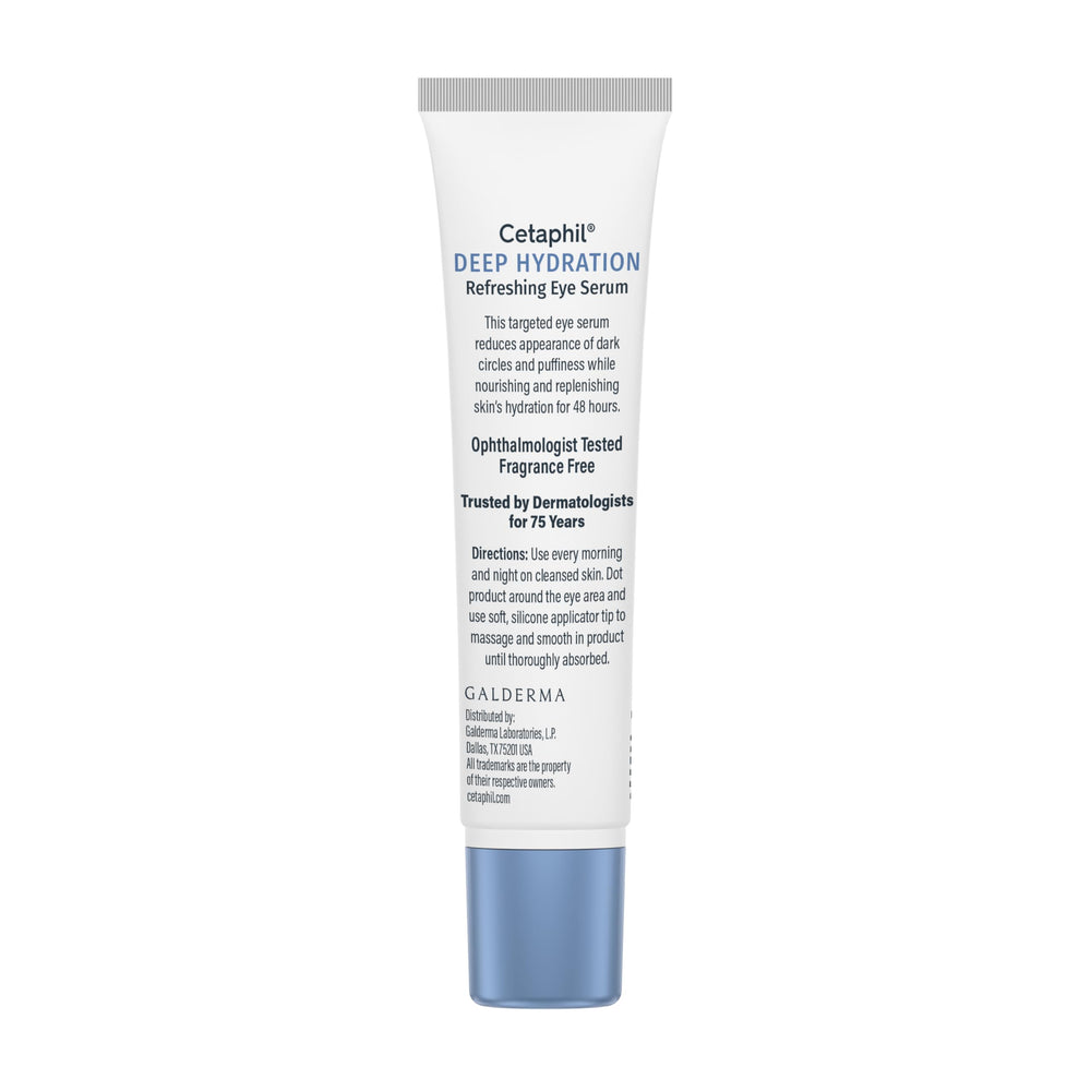 Split image of under-eye before and after using Cetaphil serum showing smoother look